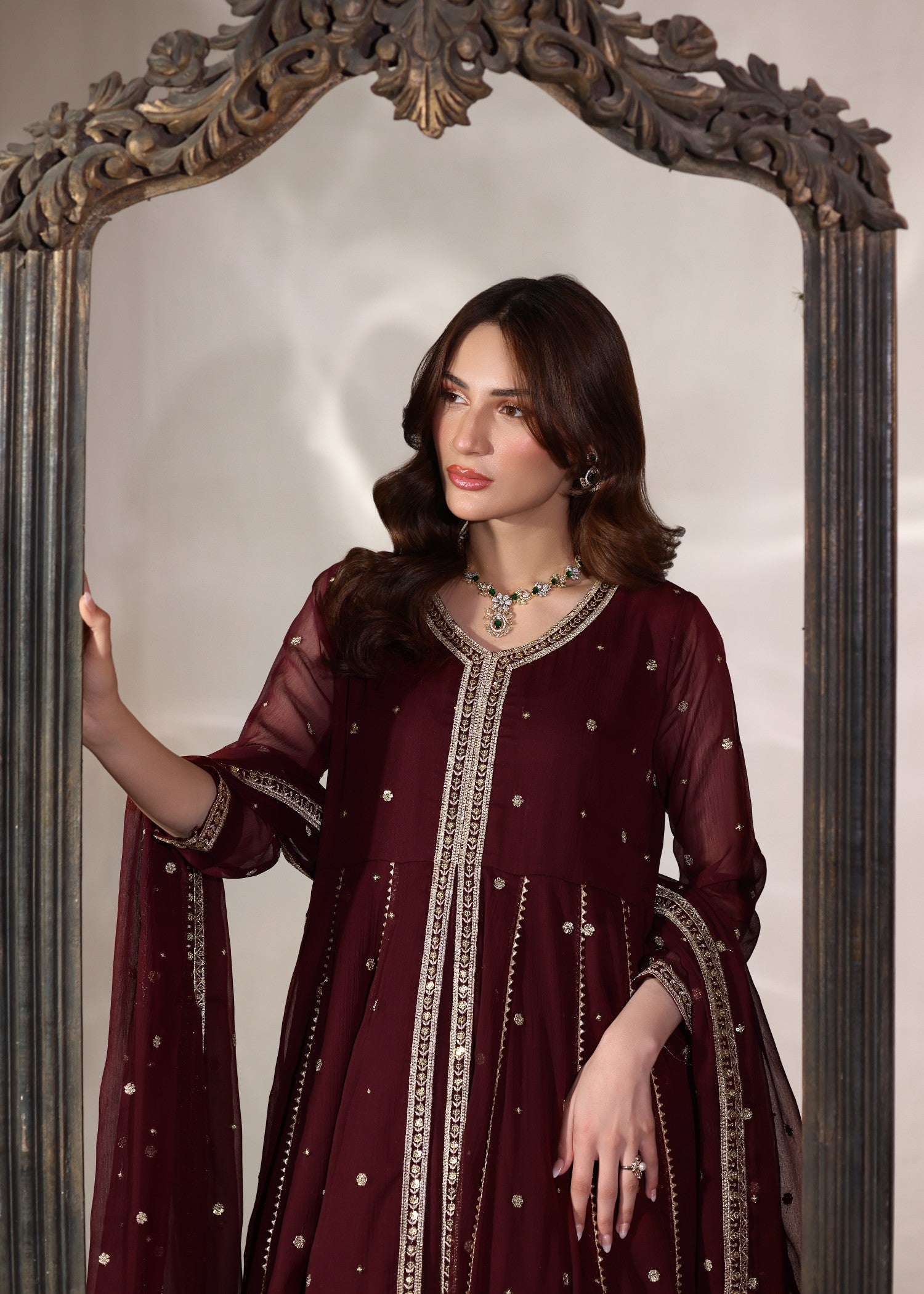 Embroidered Maroon Chiffon Festive Pishwas Suit Online in Dubai DXB UAE Abudhabi Meena Bazaar