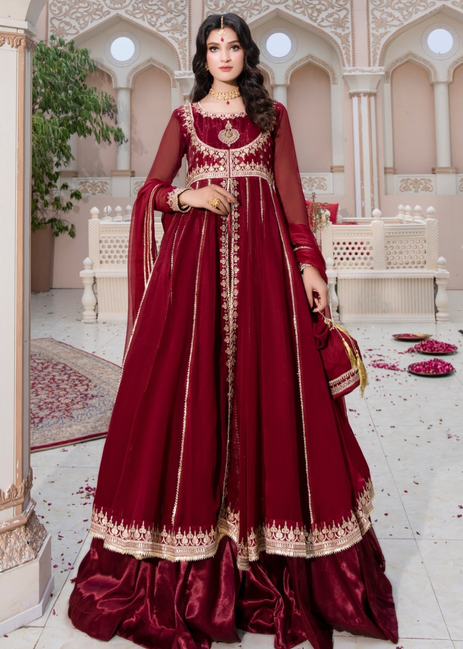 Embroidered Maroon Chiffon Festive Wear Suit Online in KSA Riyadh Saudi Arabia Oman Bahrain Qatar