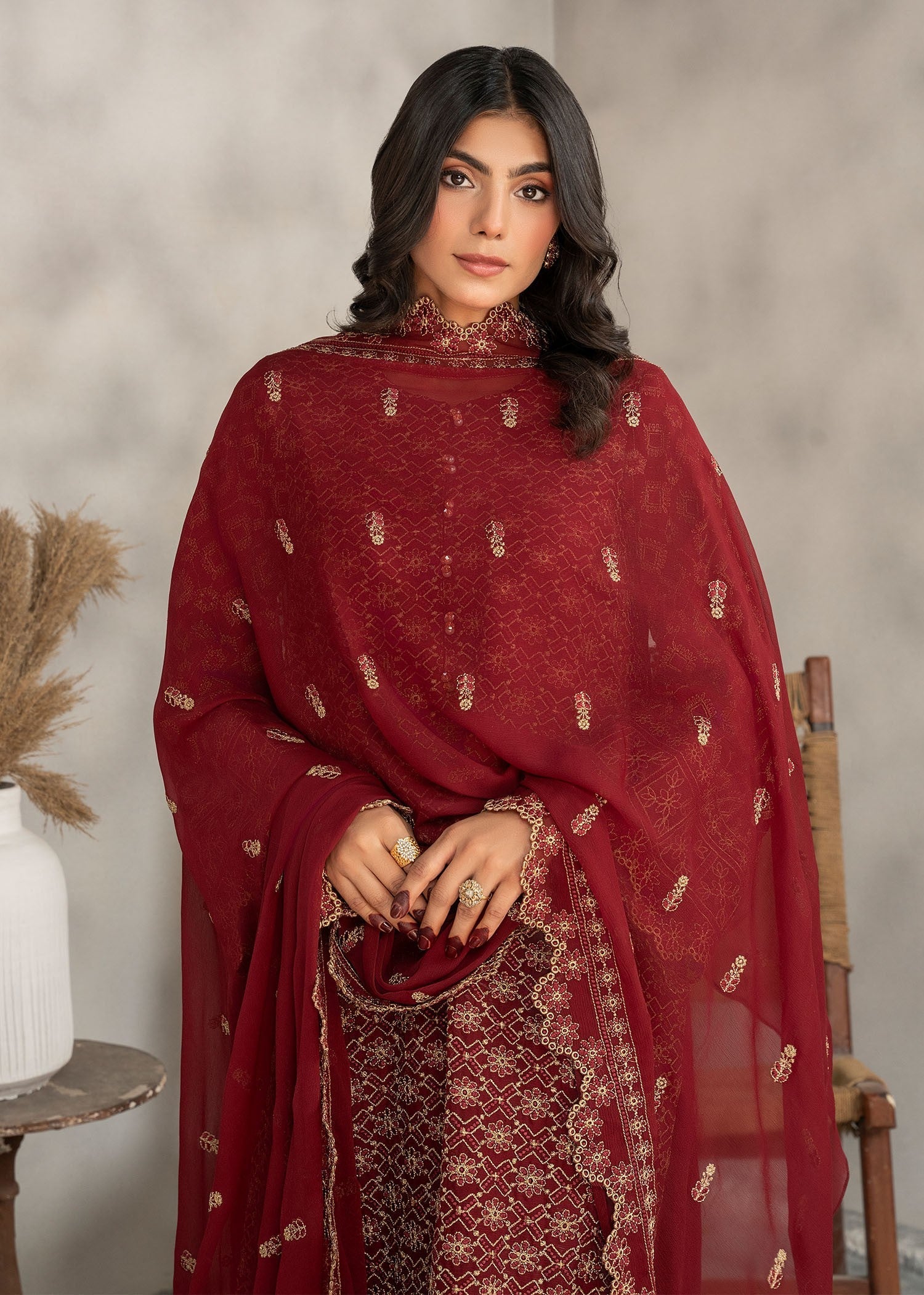 Embroidered Maroon Chiffon Festive Wear Suit Online in Sri Lanka India Australia