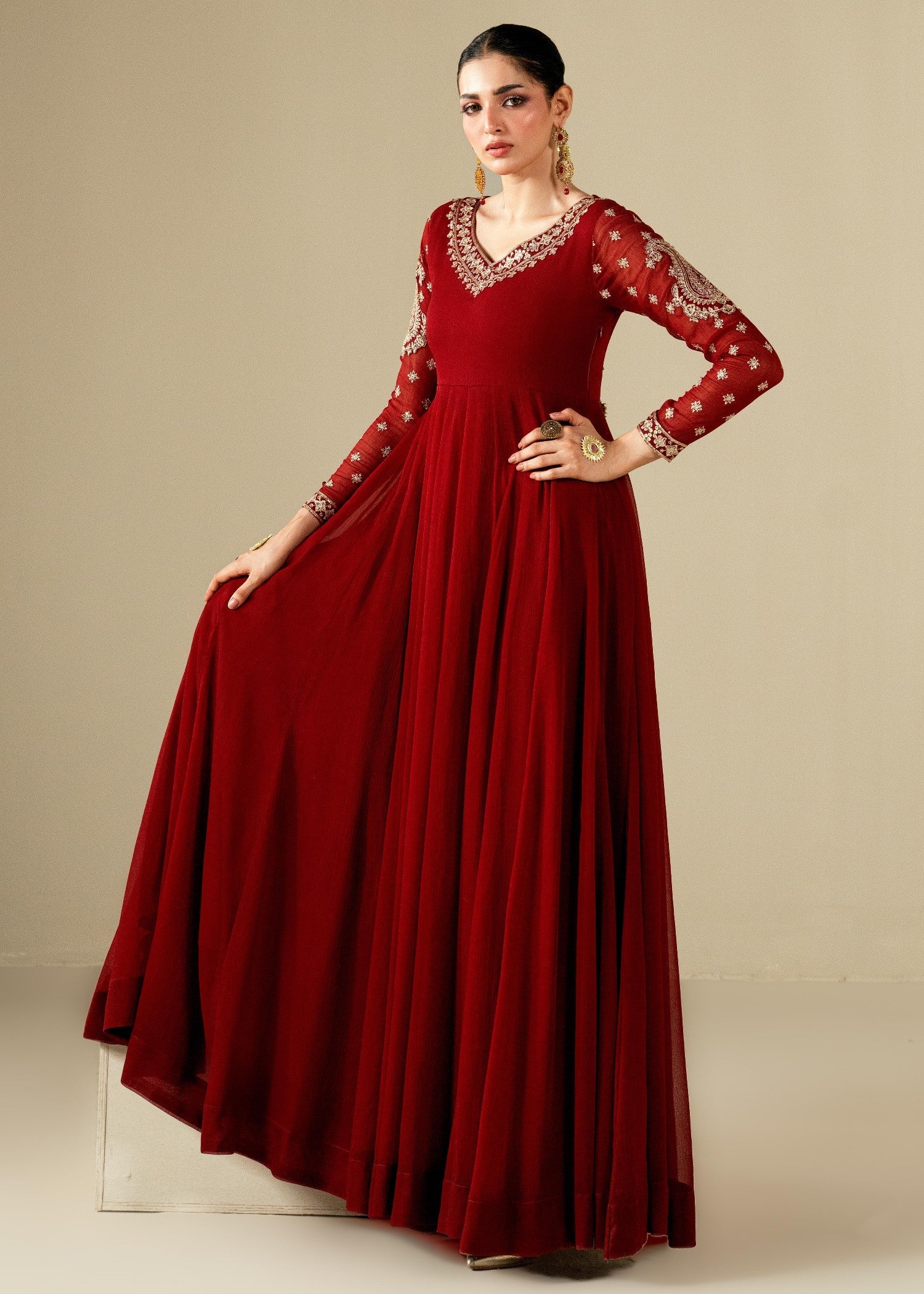 Embroidered Maroon Chiffon Floor-Length Maxi Online in Dubai DXB UAE Abudhabi Meena Bazaar