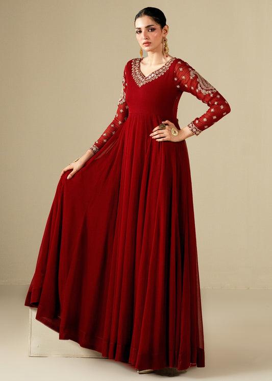 Embroidered Maroon Chiffon Floor-Length Maxi Online in Dubai DXB UAE Abudhabi Meena Bazaar