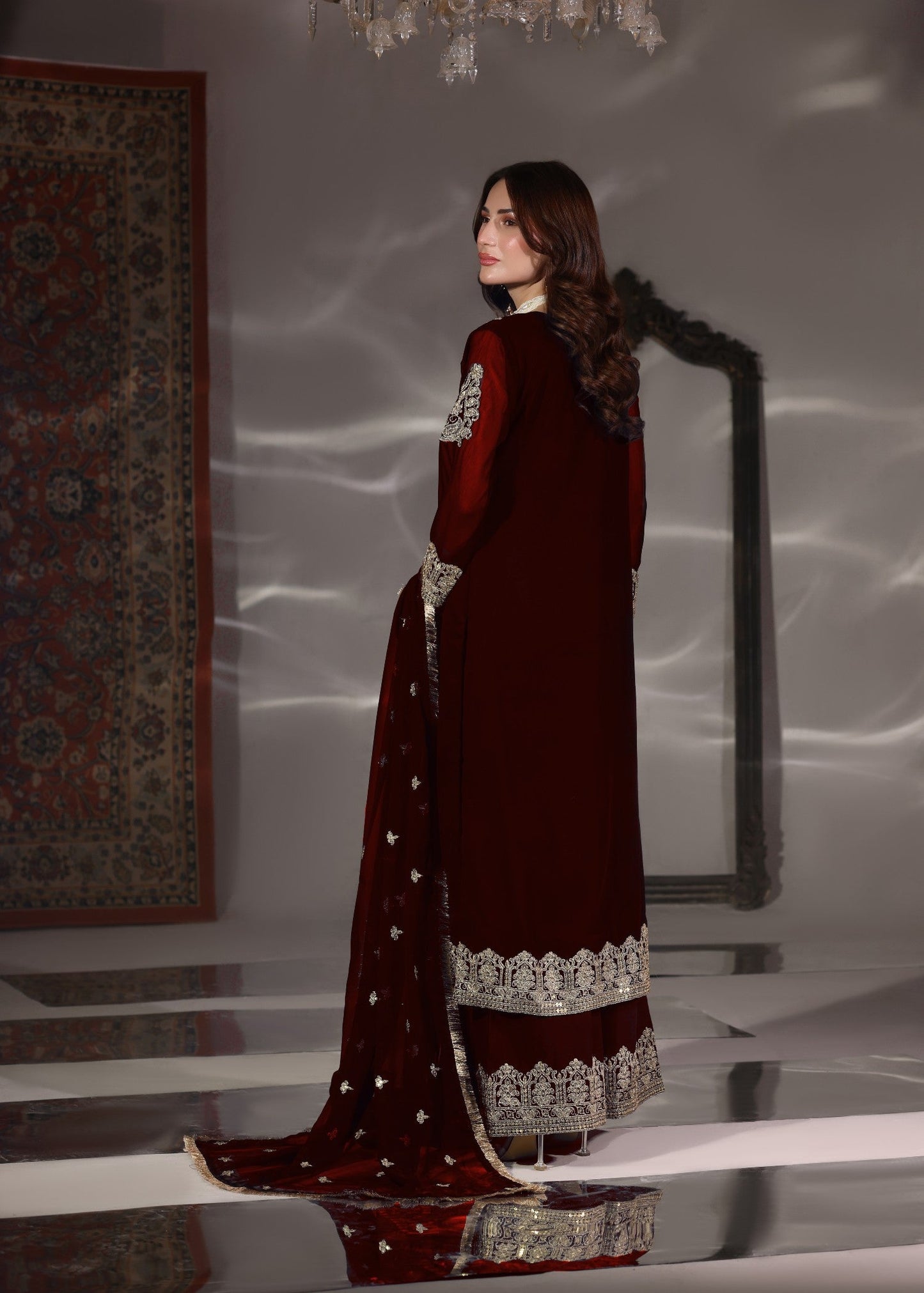 Embroidered Maroon Chiffon Kurta Set for Women Online in KSA Riyadh Saudi Arabia Oman Bahrain Qatar