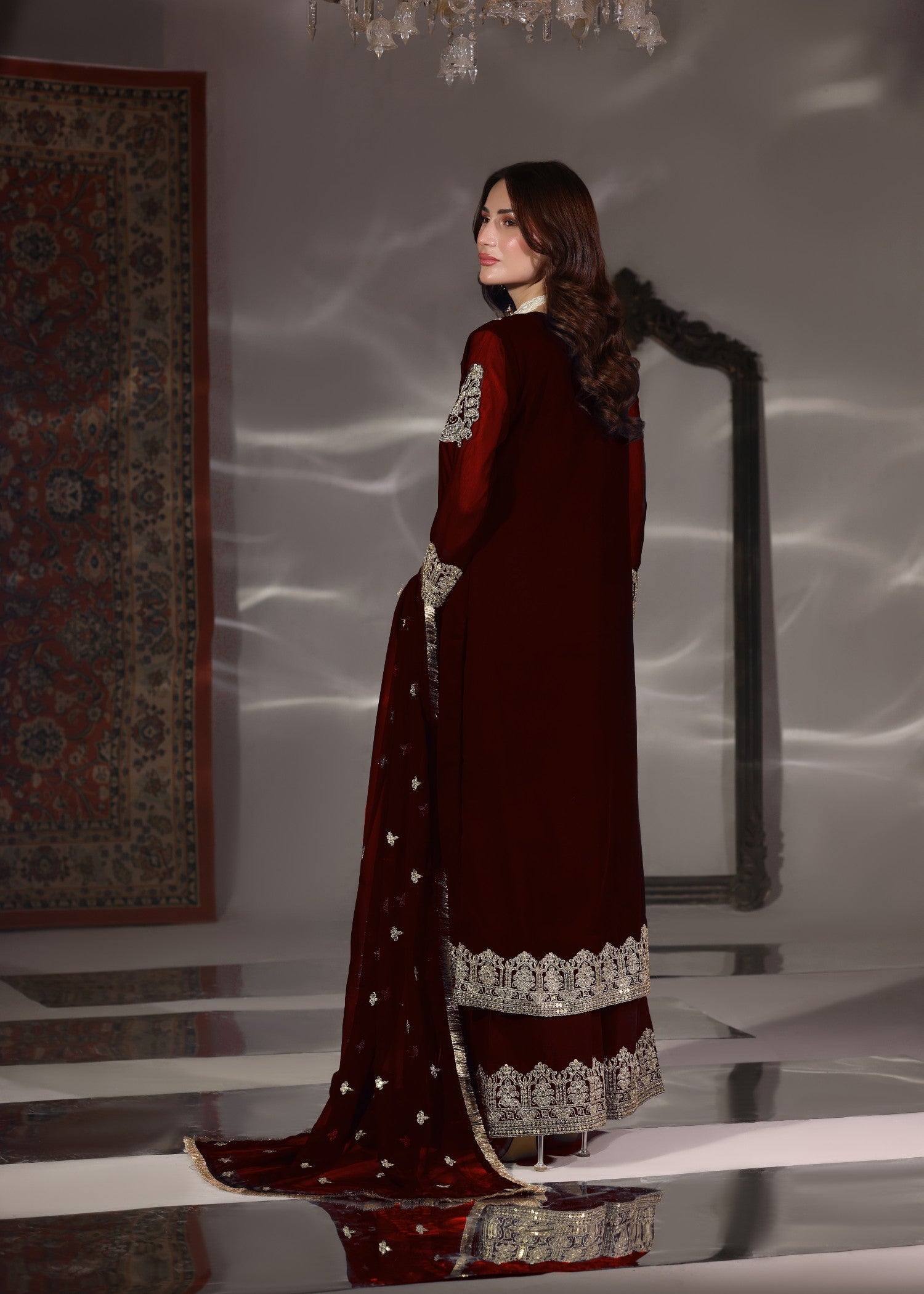 Embroidered Maroon Chiffon Kurta Set for Women Online in KSA Riyadh Saudi Arabia Oman Bahrain Qatar