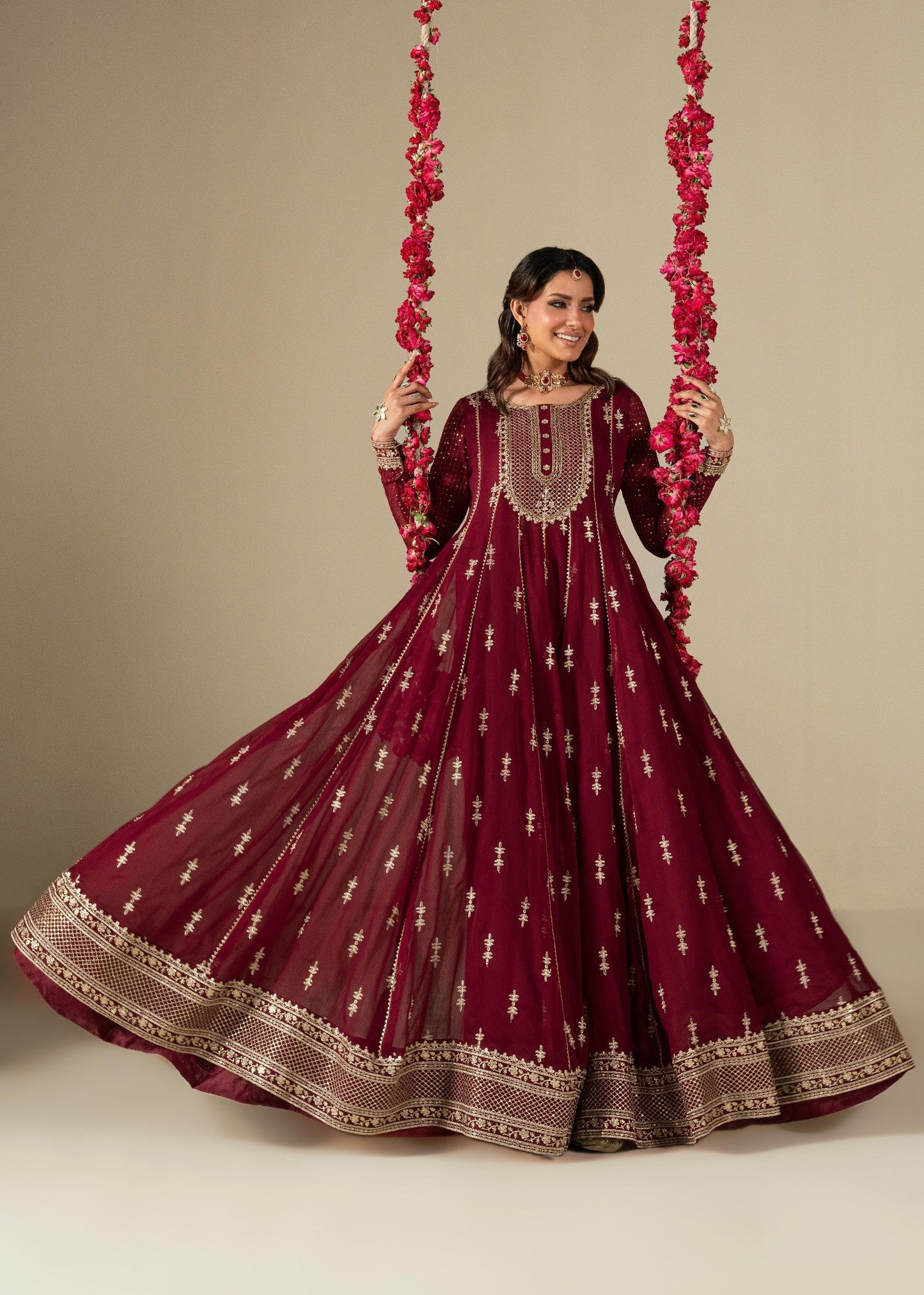 Embroidered Maroon Chiffon Kurta Set Online in Dubai DXB UAE Abudhabi Meena Bazaar