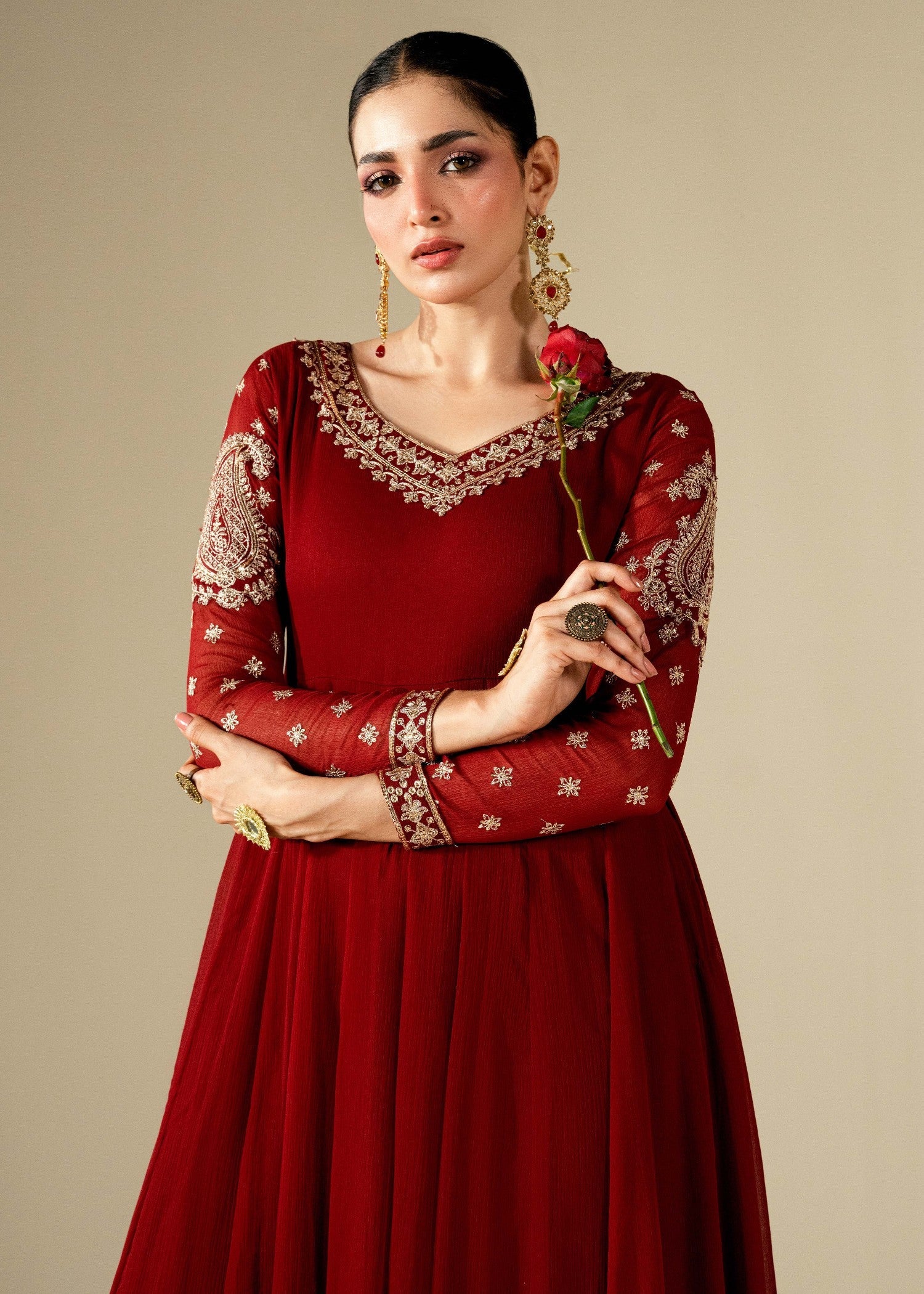 Embroidered Maroon Chiffon Maxi Dress Online in Sri Lanka India Australia