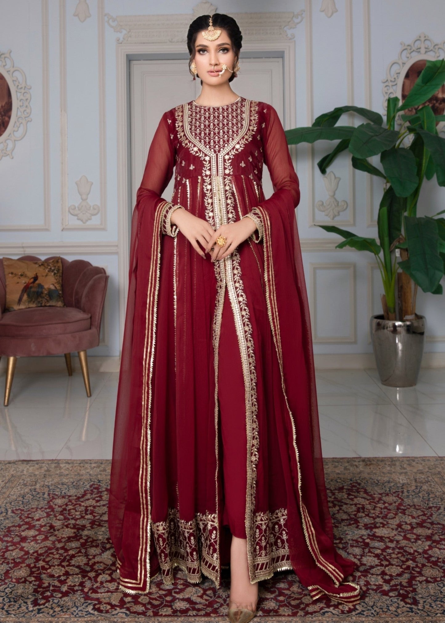 Embroidered Maroon Chiffon Maxi for Women Online in Dubai UAE Abudhabi Ajman Sharjah