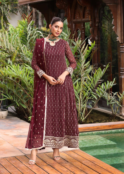 Embroidered Maroon Chiffon Pakistani Designer Suit Online in KSA Riyadh Saudi Arabia Oman Bahrain Qatar