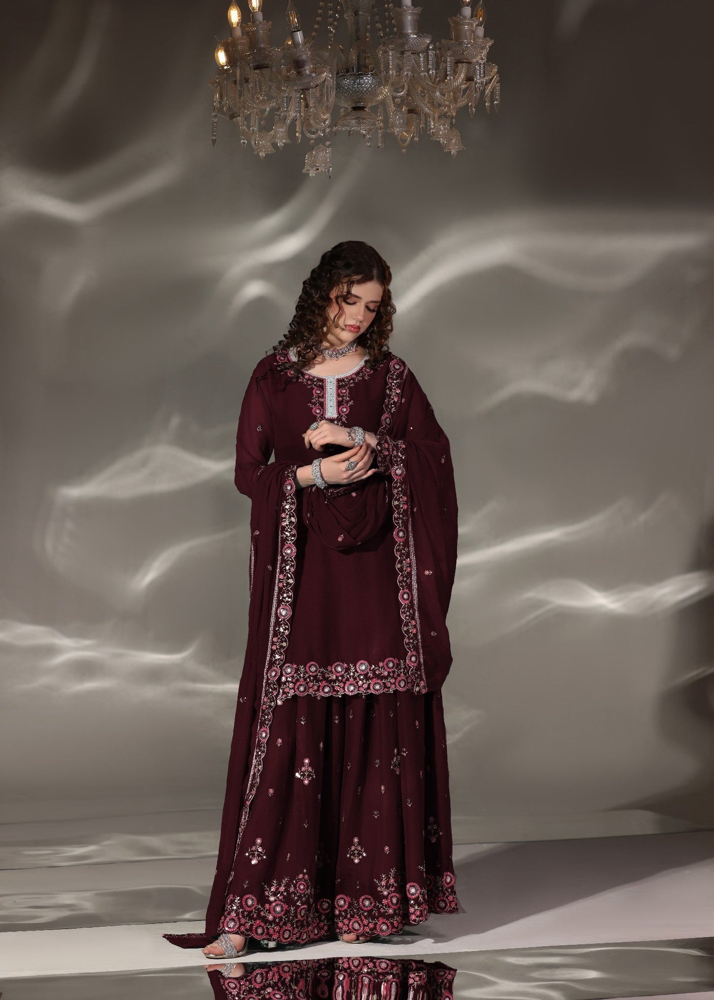 Embroidered Maroon Chiffon Pakistani Sharara Online in Dubai DXB UAE Abudhabi Meena Bazaar