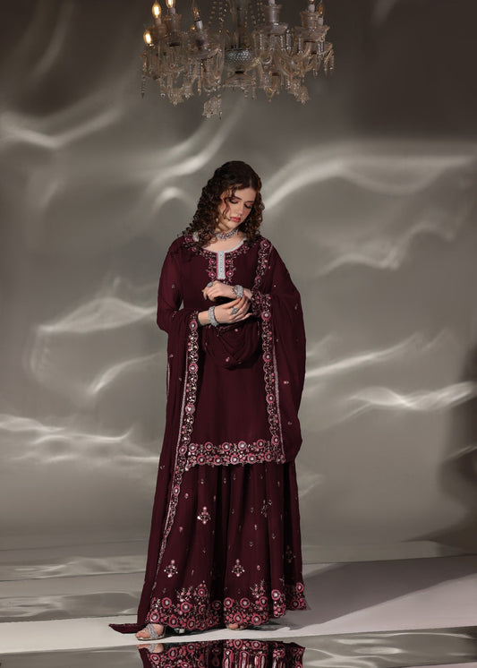 Embroidered Maroon Chiffon Pakistani Sharara Online in Dubai DXB UAE Abudhabi Meena Bazaar