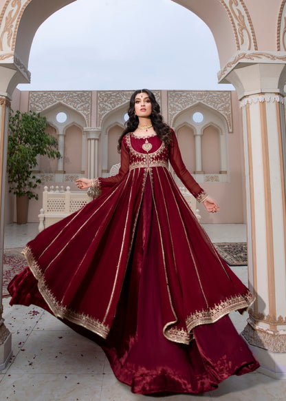 Embroidered Maroon Chiffon Pakistani Suit Online in KSA Riyadh Saudi Arabia Oman Bahrain Qatar