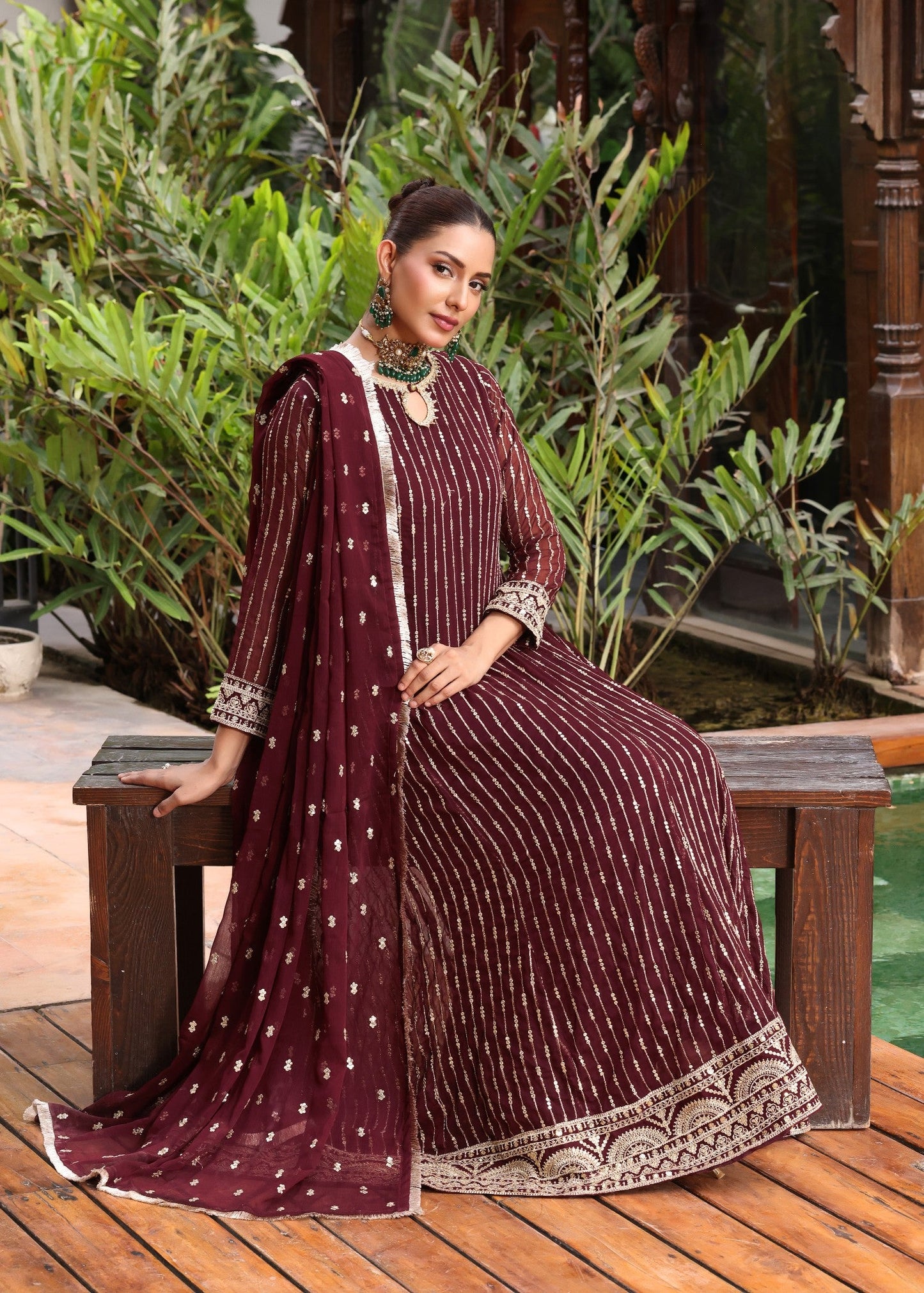 Embroidered Maroon Chiffon Party Wear Pishwas Set Online in KSA Riyadh Saudi Arabia Oman Bahrain Qatar