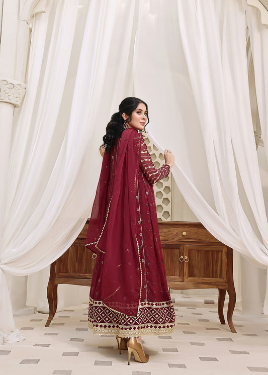 Embroidered Maroon Chiffon Partywear Salwar Kameez Online in KSA Riyadh Saudi Arabia Oman Bahrain Qatar
