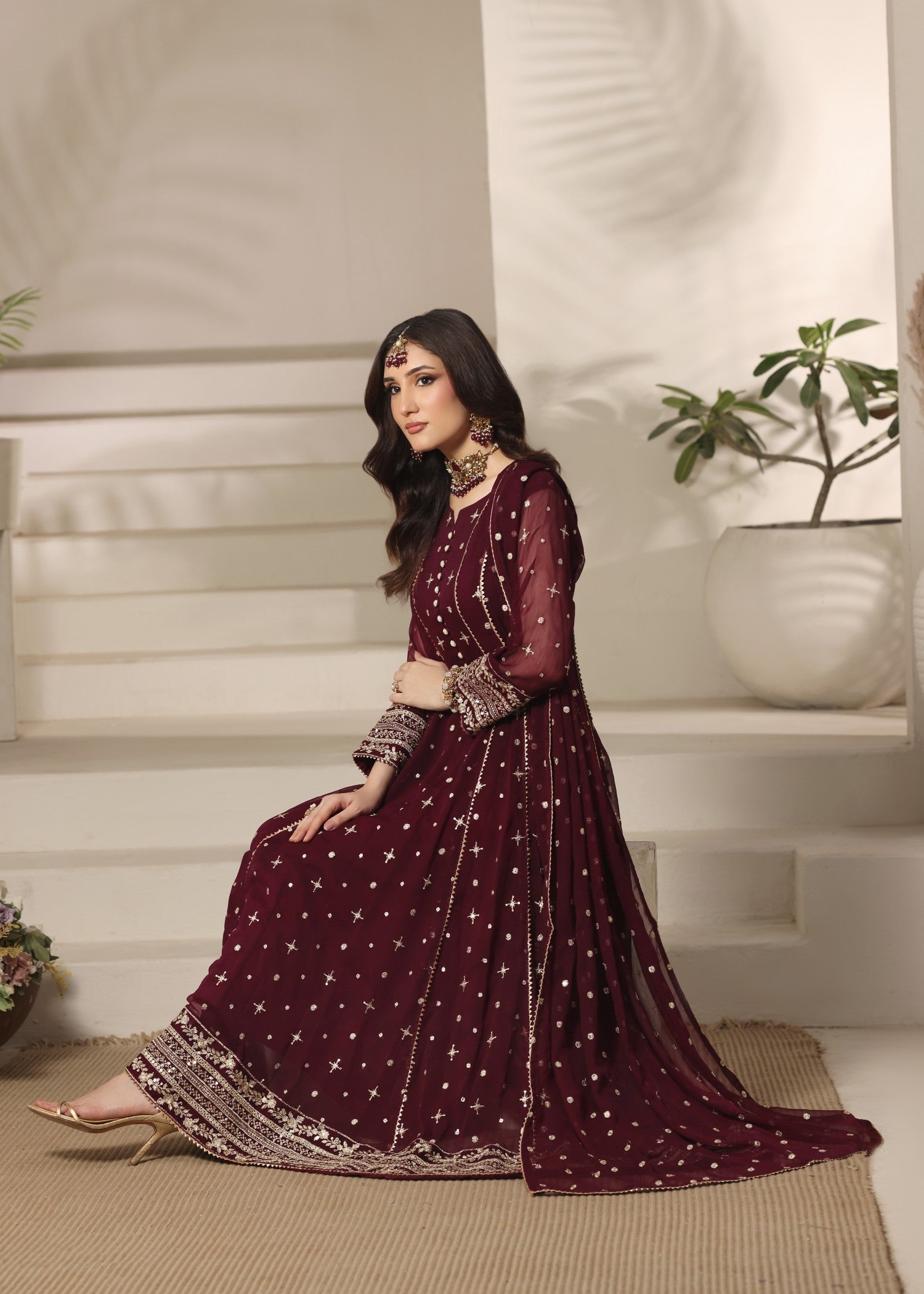 Embroidered Maroon Chiffon Pishwas for Women Online in Dubai DXB UAE Abudhabi Meena Bazaar