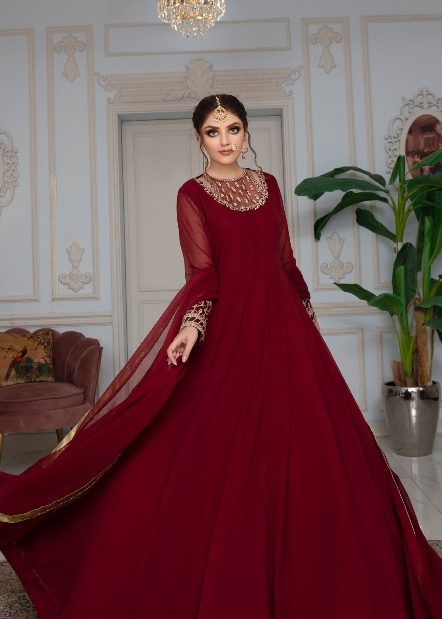 Embroidered Maroon Chiffon Pishwas Kurta Set Online in Sri Lanka India Australia