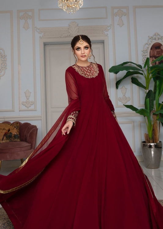 Embroidered Maroon Chiffon Pishwas Kurta Set Online in Sri Lanka India Australia