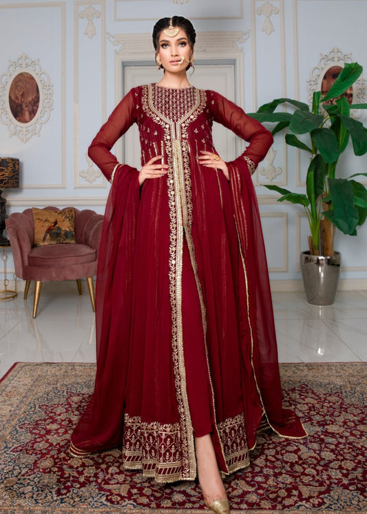 Embroidered Maroon Chiffon Salwar Kameez Online in KSA Riyadh Saudi Arabia Oman Bahrain Qatar