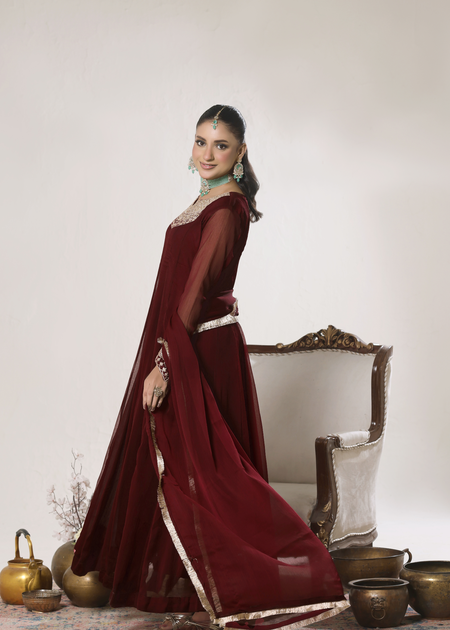 Embroidered Maroon Chiffon Salwar Kameez Online in KSA Riyadh Saudi Arabia Oman Bahrain Qatar