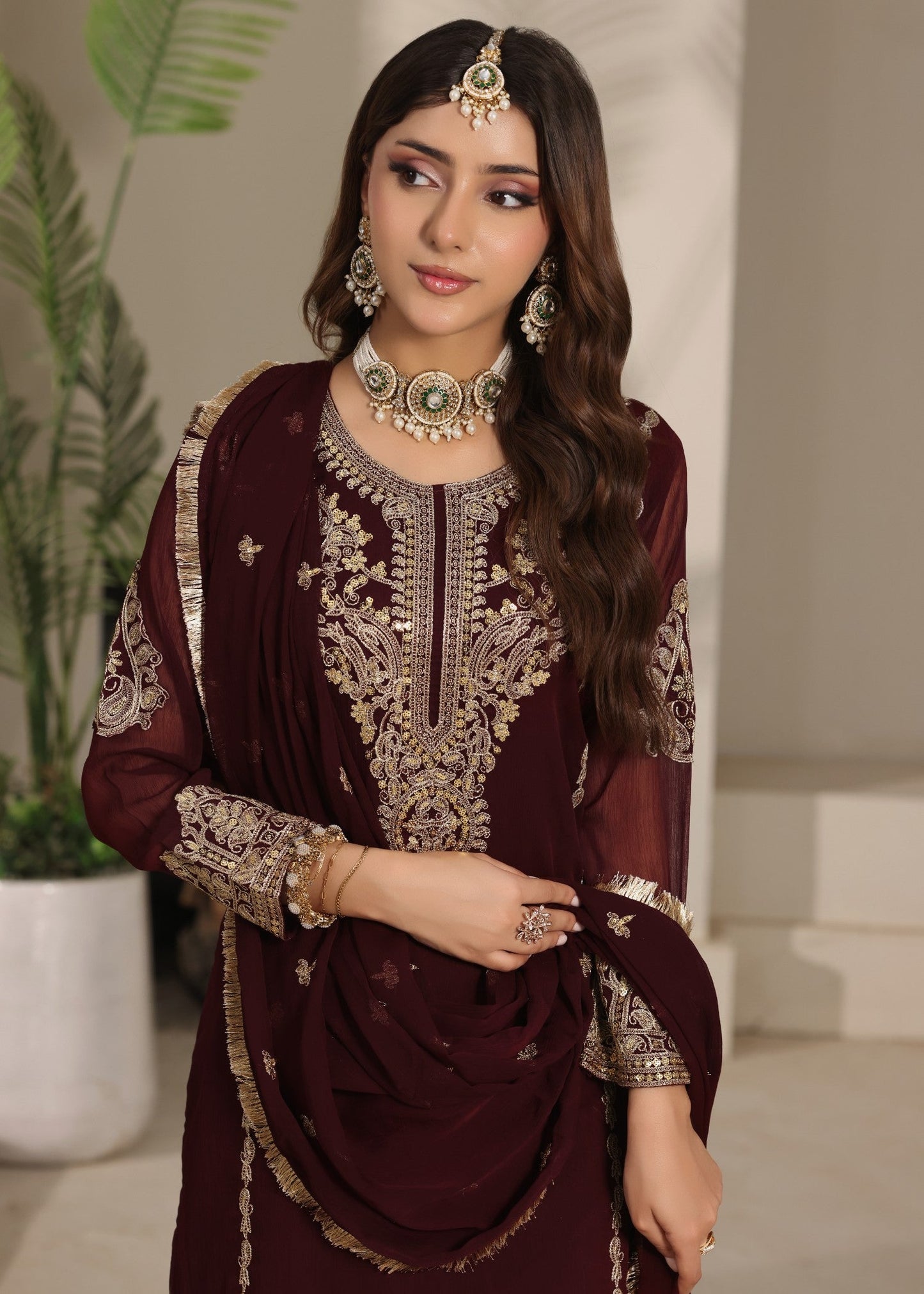 Embroidered Maroon Chiffon Salwar Kameez Online in KSA Riyadh Saudi Arabia Oman Bahrain Qatar