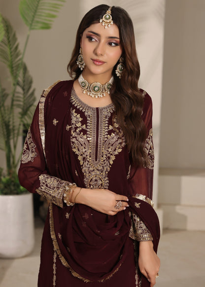 Embroidered Maroon Chiffon Salwar Kameez Online in KSA Riyadh Saudi Arabia Oman Bahrain Qatar