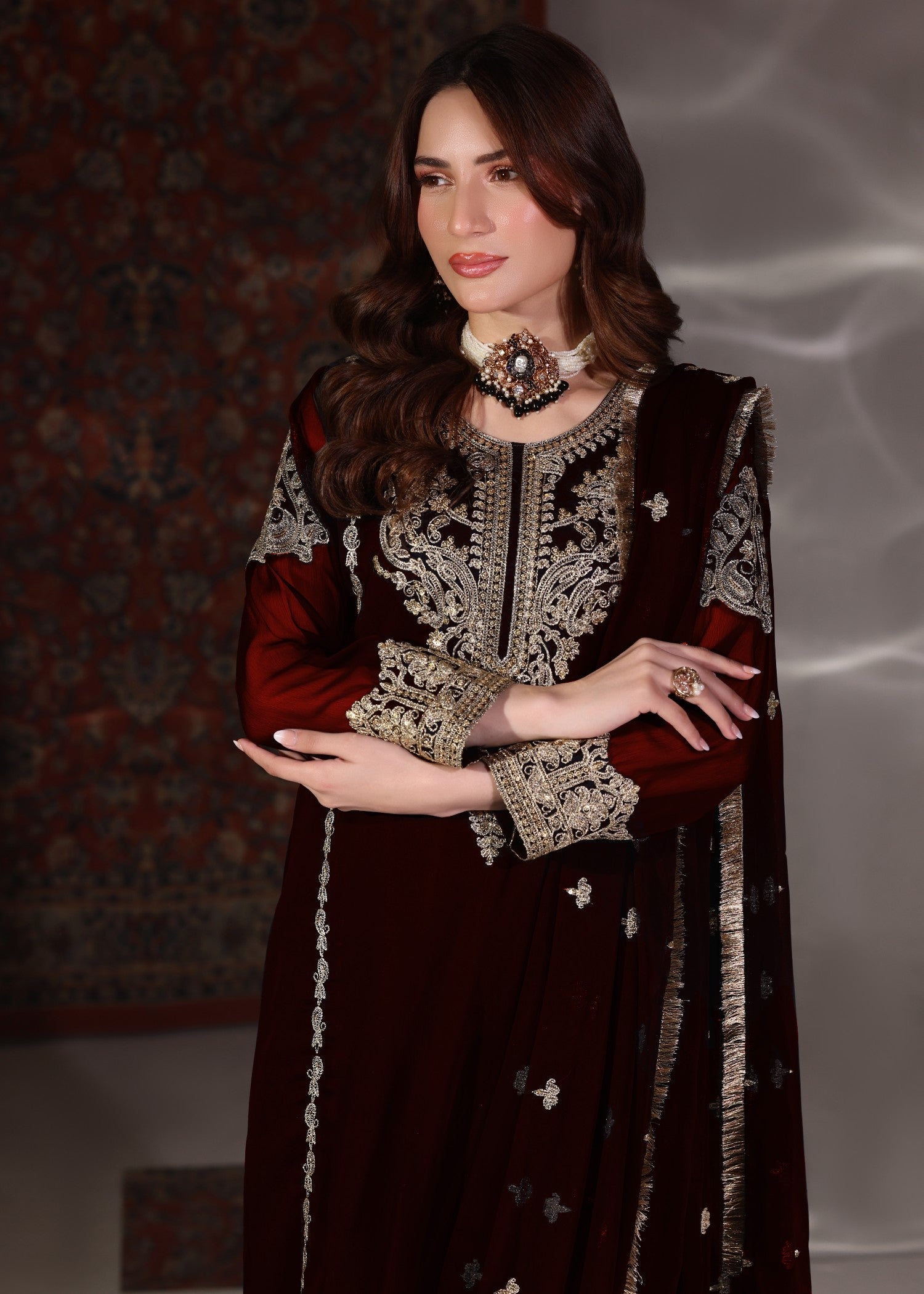 Embroidered Maroon Chiffon Slim Fit Kurta Set Online in Sri Lanka India Australia