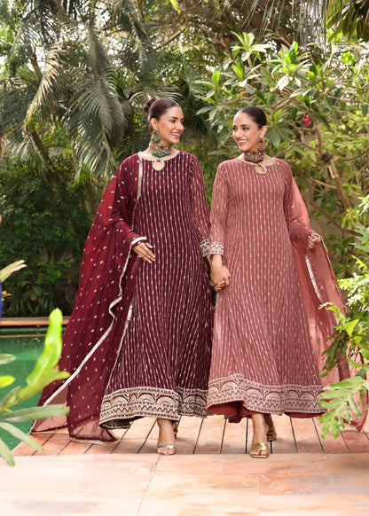 Embroidered Maroon Chiffon Three Piece Party Suit Online in Dubai UAE Abudhabi Ajman Sharjah