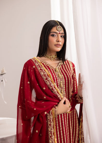 Embroidered Maroon Crinkle Chiffon A-Line Kurta Set Online in Dubai DXB UAE Abudhabi Meena Bazaar