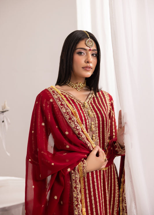 Embroidered Maroon Crinkle Chiffon A-Line Kurta Set Online in Dubai DXB UAE Abudhabi Meena Bazaar
