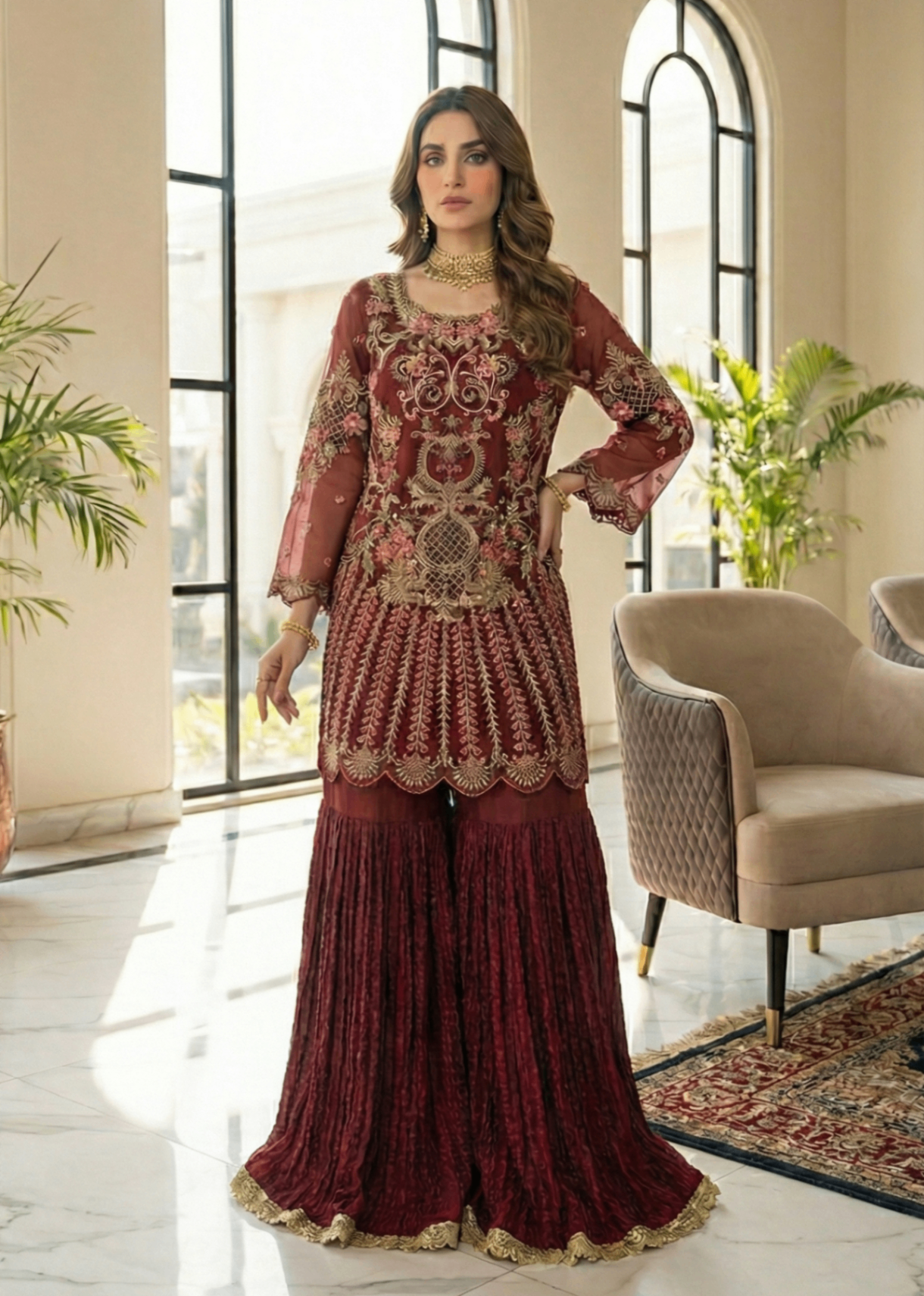 Embroidered Maroon Kattan Silk Sharara Gharara Online in KSA Riyadh Saudi Arabia Oman Bahrain Qatar