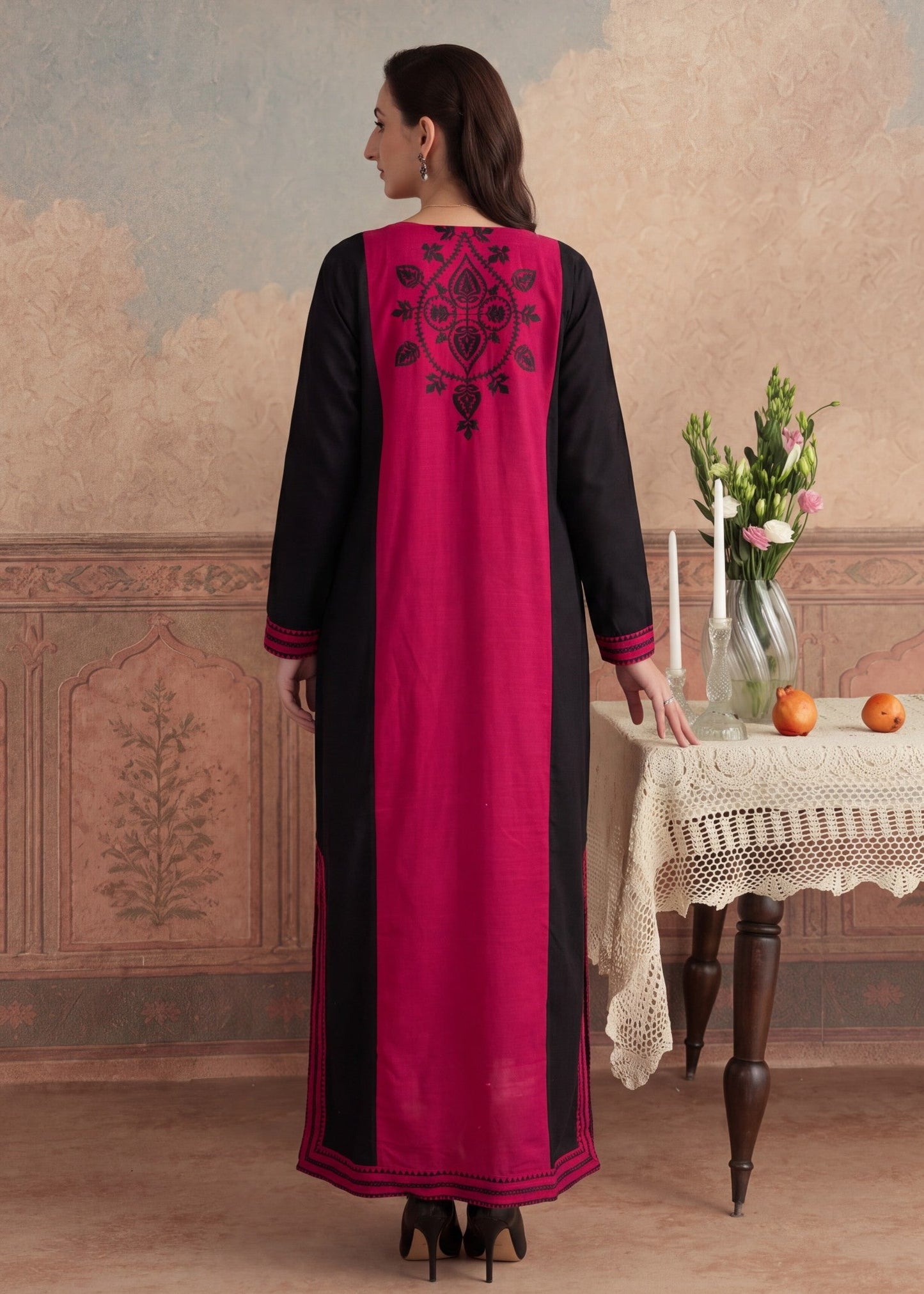 Embroidered Maroon Khaddar Kaftan Online in KSA Riyadh Saudi Arabia Oman Bahrain Qatar