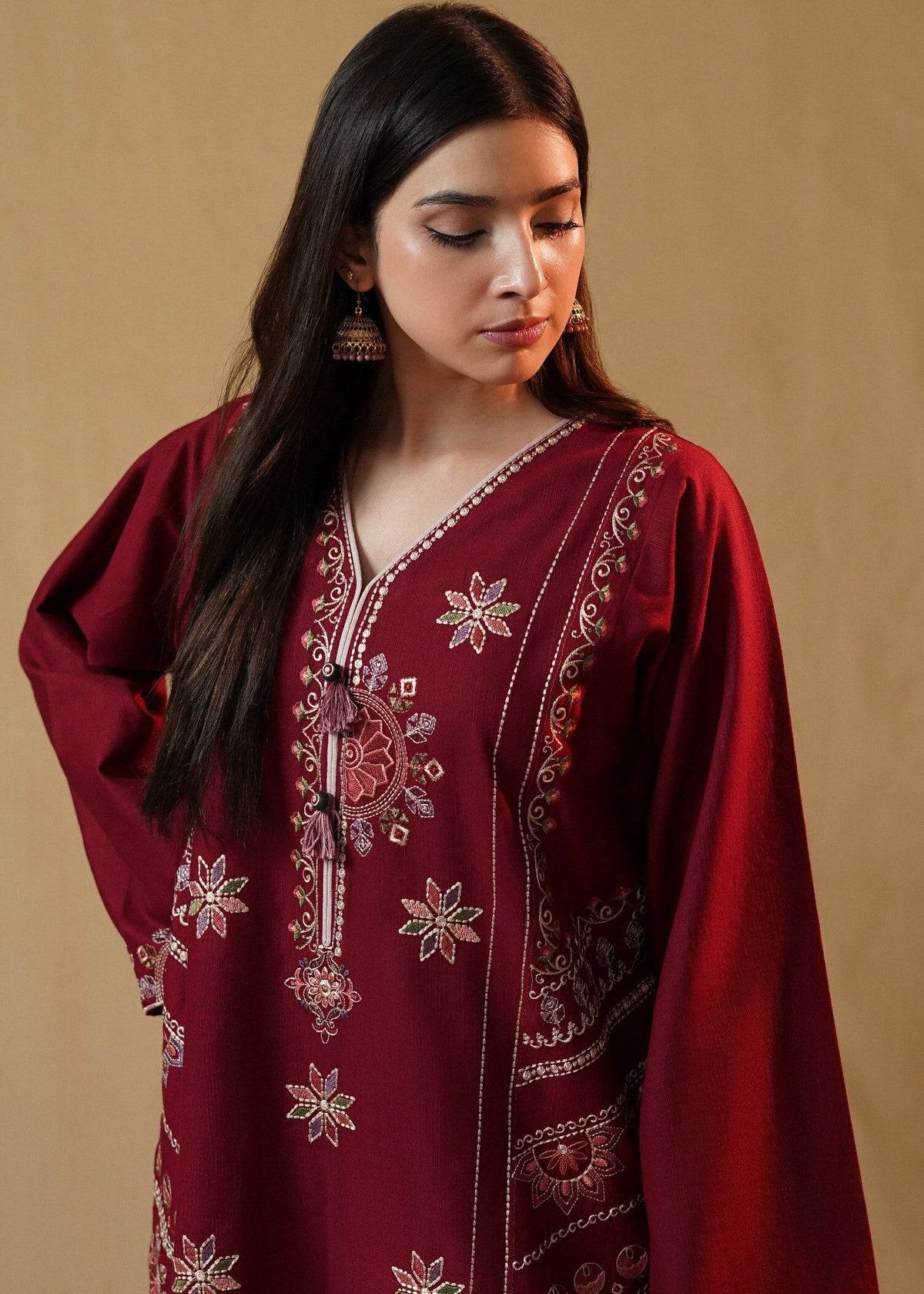 Embroidered Maroon Khaddar Kurta Set with Farshi Shalwar Online in Dubai DXB UAE Abudhabi Meena Bazaar