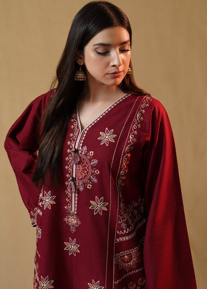 Embroidered Maroon Khaddar Kurta Set with Farshi Shalwar Online in Dubai DXB UAE Abudhabi Meena Bazaar