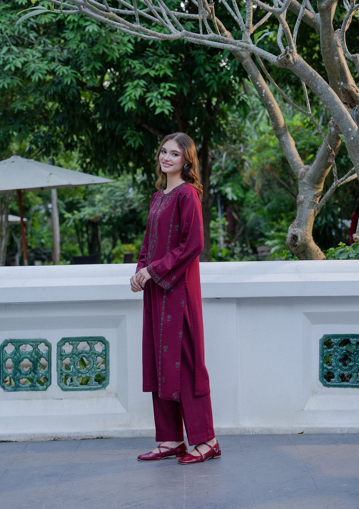 Embroidered Maroon Khaddar Ladies Salwar Kameez Online in UK USA Canada