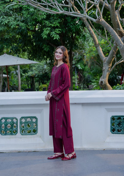 Embroidered Maroon Khaddar Ladies Salwar Kameez Online in UK USA Canada