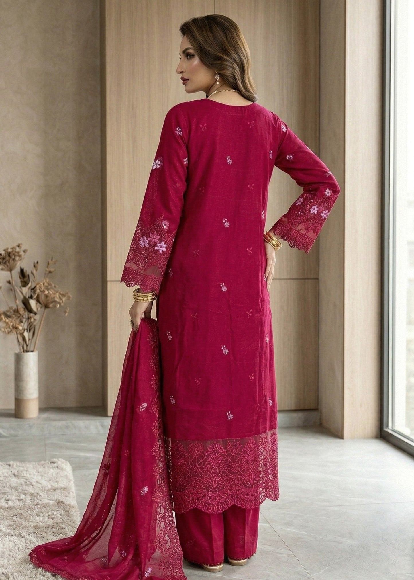 Embroidered Maroon Lawn 3 Piece Suit Online in Dubai DXB UAE Abudhabi Meena Bazaar