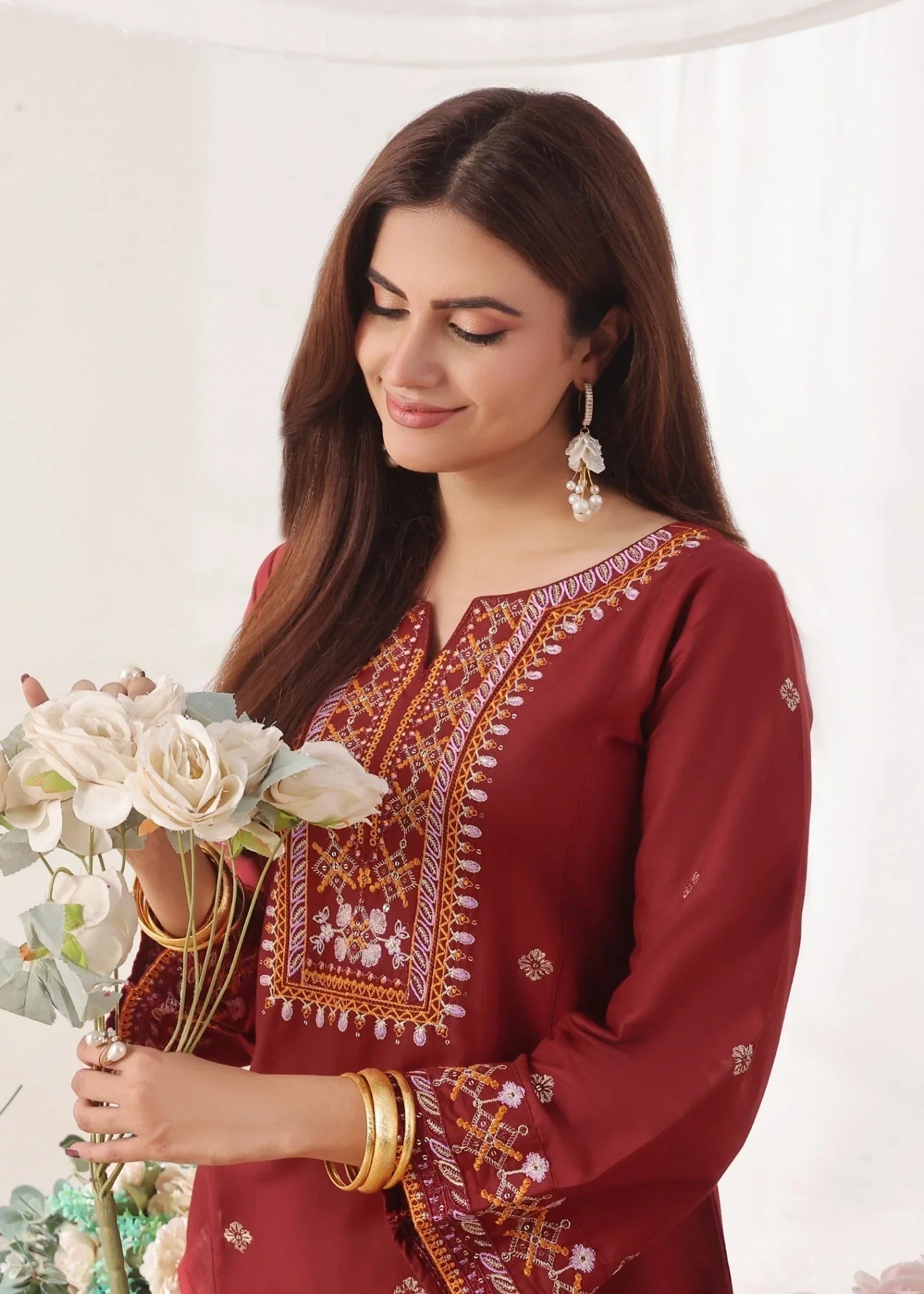 Embroidered Maroon Lawn Cotton Readymade Suit Online in KSA Riyadh Saudi Arabia Oman Bahrain Qatar
