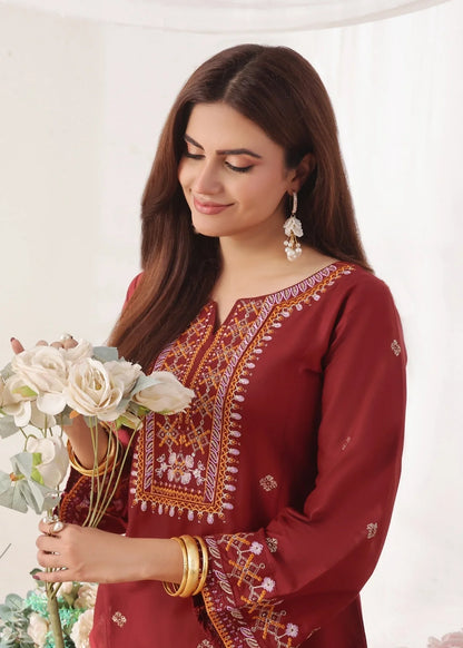 Embroidered Maroon Lawn Cotton Readymade Suit Online in KSA Riyadh Saudi Arabia Oman Bahrain Qatar