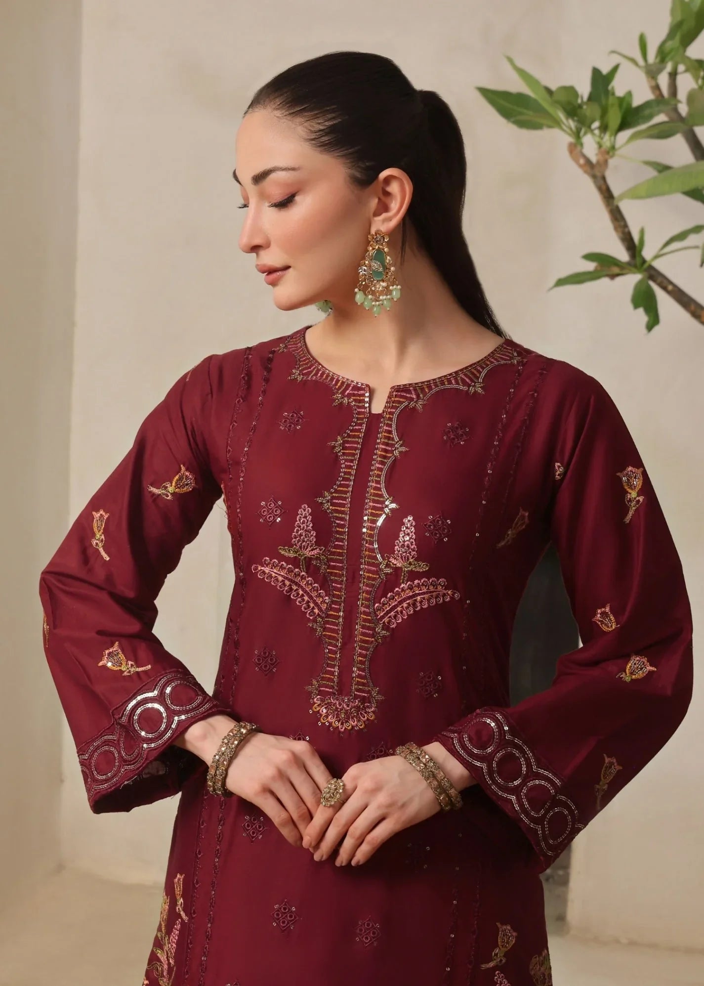 Embroidered Maroon Lawn Kurta Set Online in KSA Riyadh Saudi Arabia Oman Bahrain Qatar