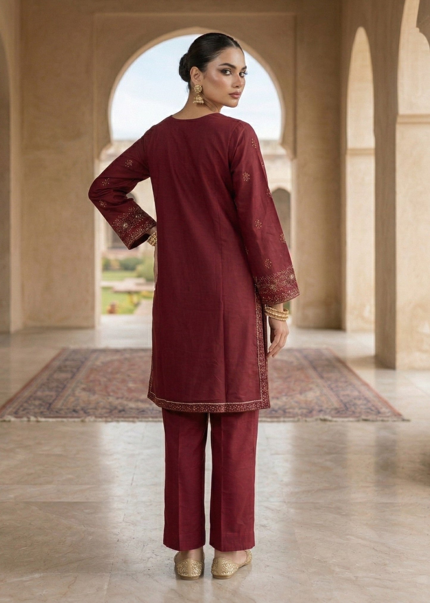 Embroidered Maroon Lawn Pakistani Suit Online in Dubai DXB UAE Abudhabi Meena Bazaar