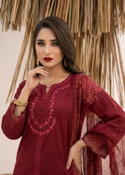 Embroidered Maroon Lawn Salwar Kameez Online in Dubai DXB UAE Abudhabi Meena Bazaar