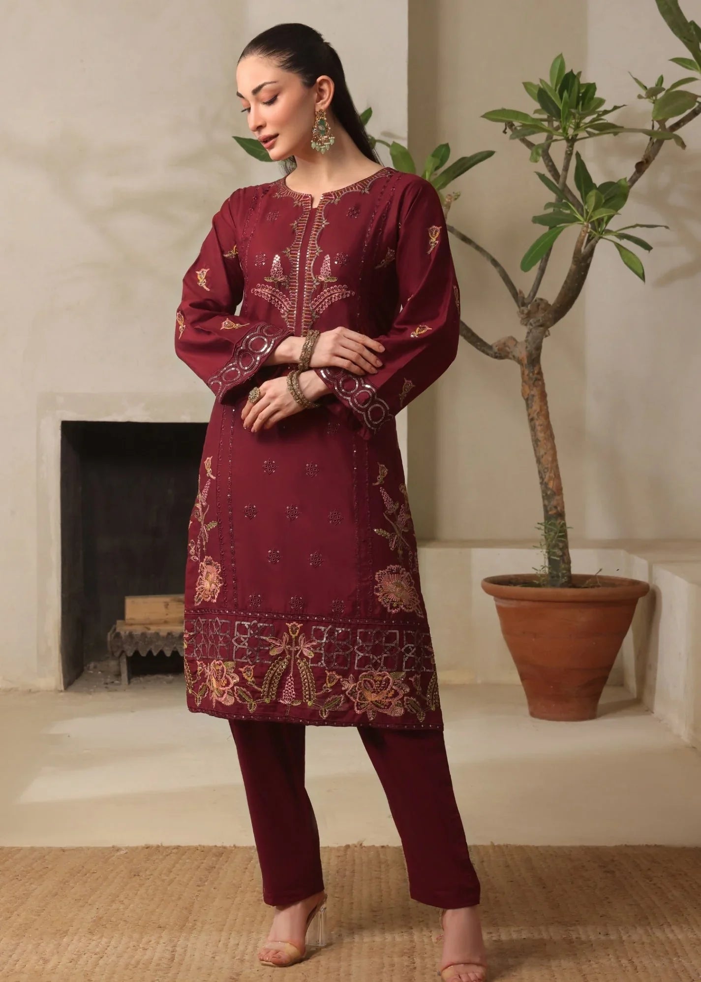 Embroidered Maroon Lawn Suit for Women Online in KSA Riyadh Saudi Arabia Oman Bahrain Qatar