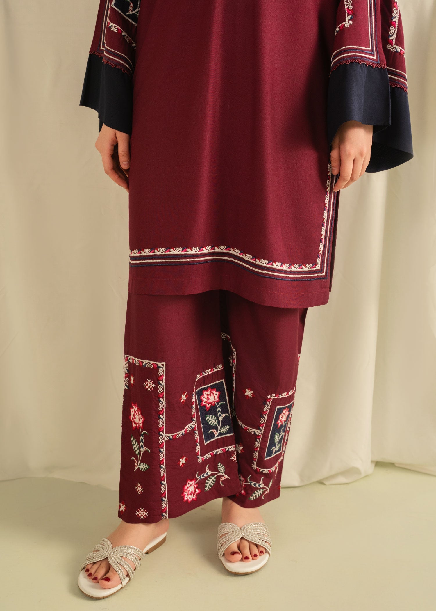 Embroidered Maroon Linen Kurta Set for Women Online in Sri Lanka India Australia
