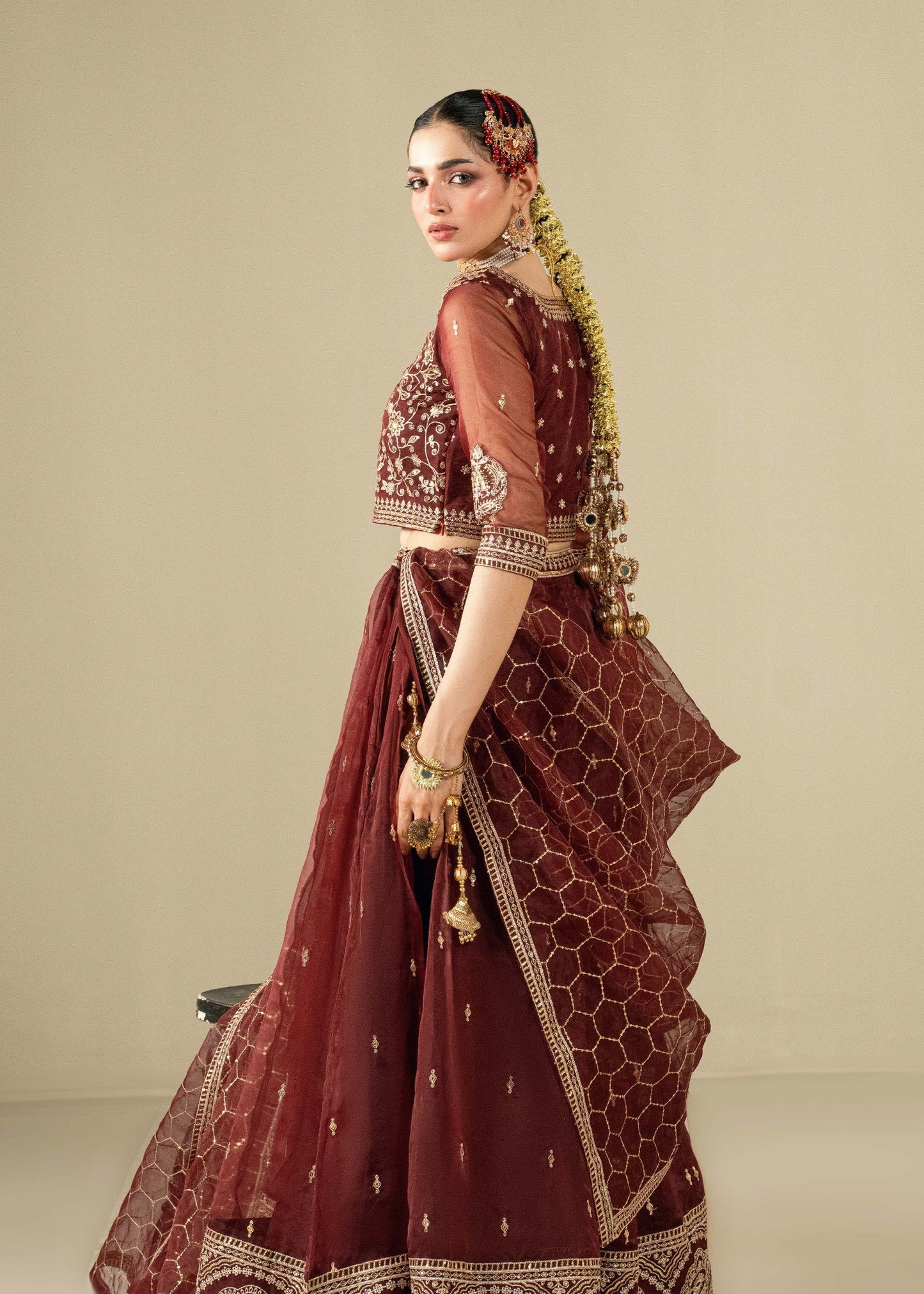 Embroidered Maroon Organza Lehenga Choli for Wedding Guest Online in Dubai UAE Abudhabi Ajman Sharjah