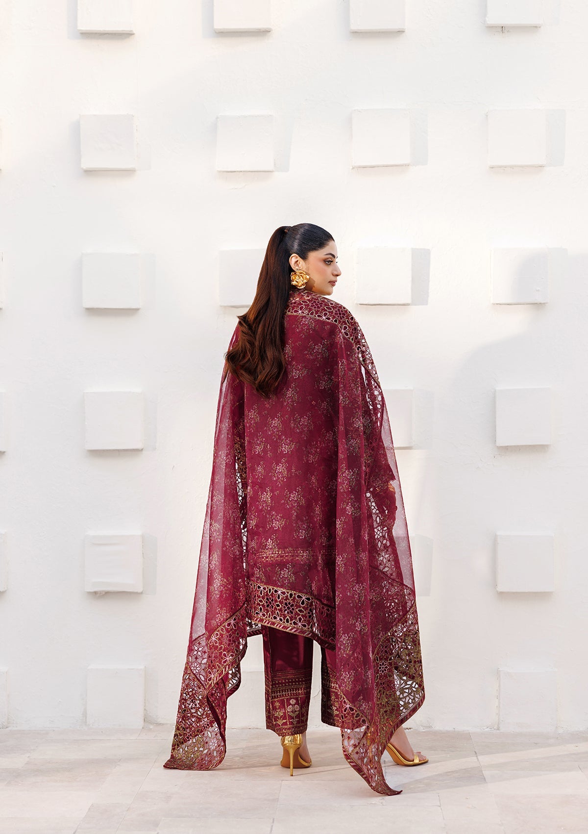 Embroidered Maroon Organza Pakistani Designer Suit Online in KSA Riyadh Saudi Arabia Oman Bahrain Qatar