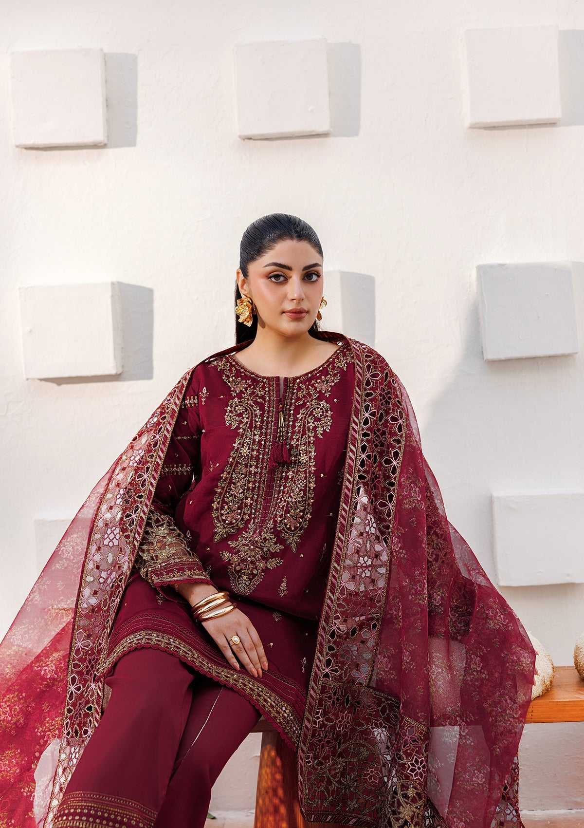 Embroidered Maroon Organza Salwar Kameez Online in KSA Riyadh Saudi Arabia Oman Bahrain Qatar