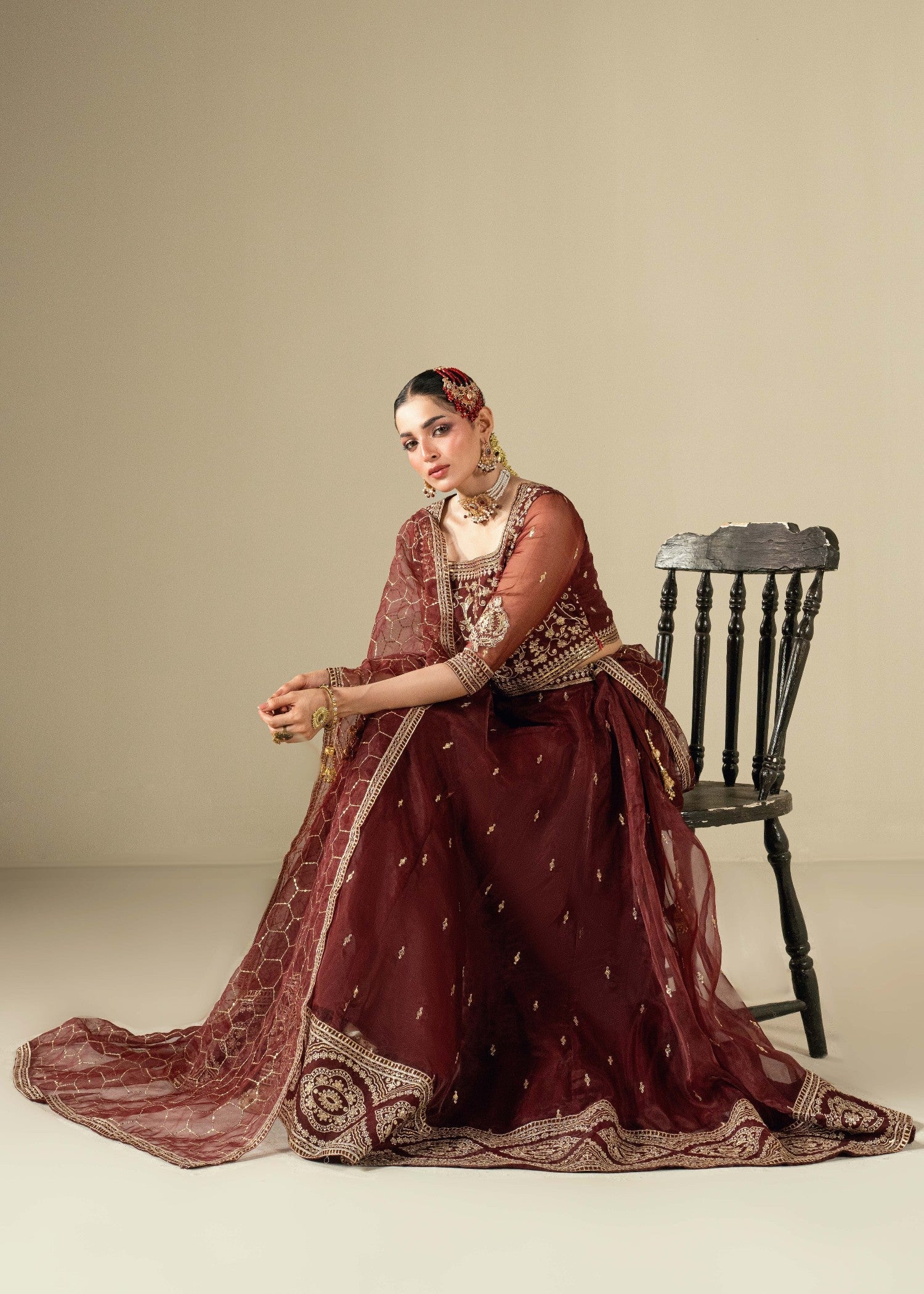 Embroidered Maroon Organza Wedding Guest Wear Online in KSA Riyadh Saudi Arabia Oman Bahrain Qatar