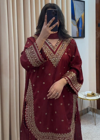 Embroidered Maroon Raw Silk Pakistani Suit Online in Dubai UAE Abudhabi Ajman Sharjah