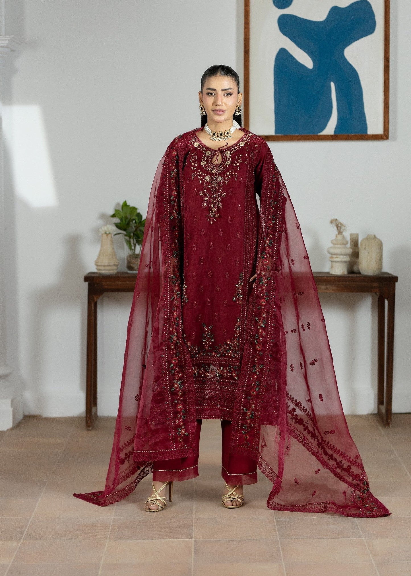 Embroidered Maroon Raw Silk Trouser Suit Online in UK USA Canada