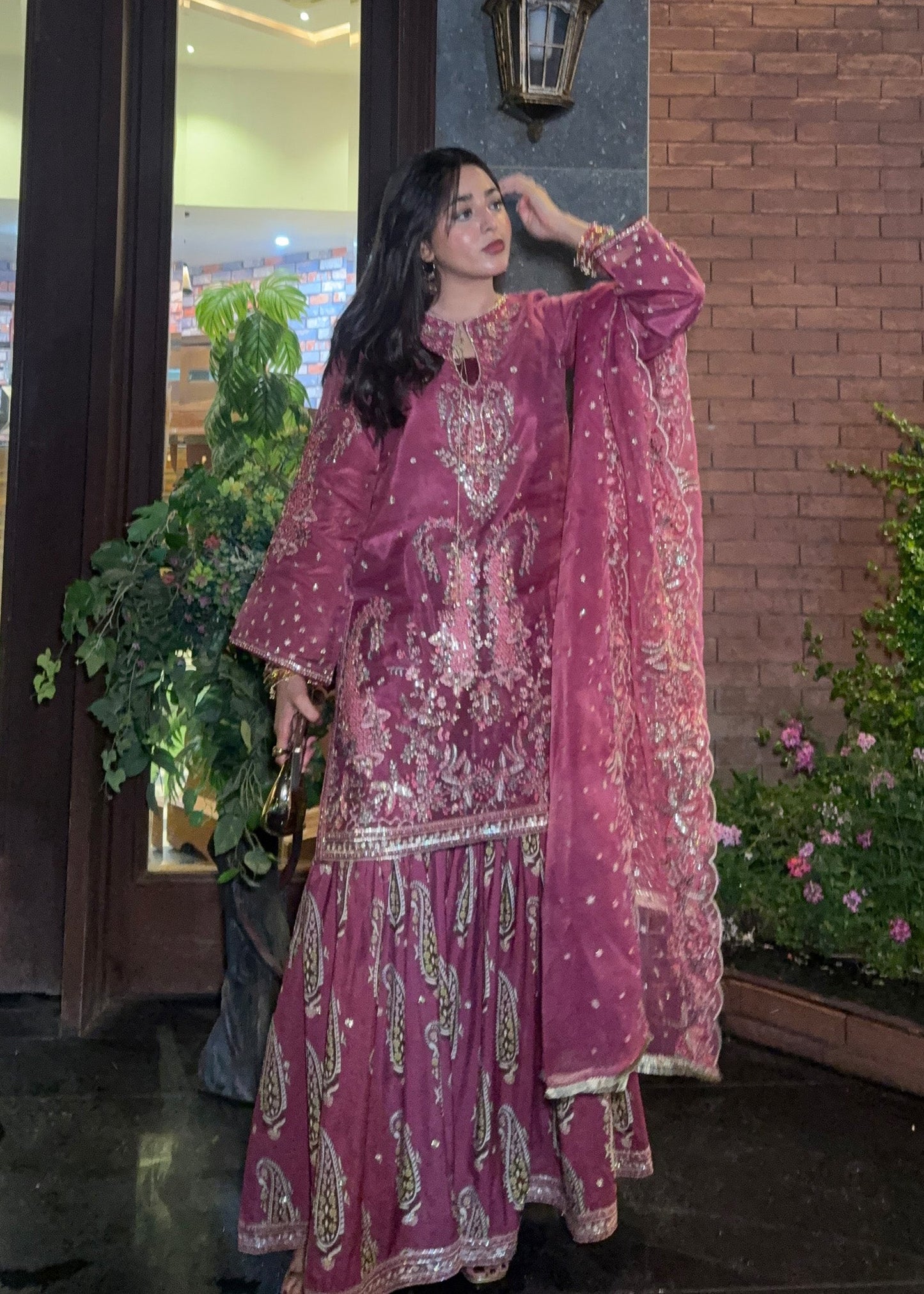 Embroidered Mauve Organza Pakistani Suit Online in KSA Riyadh Saudi Arabia Oman Bahrain Qatar