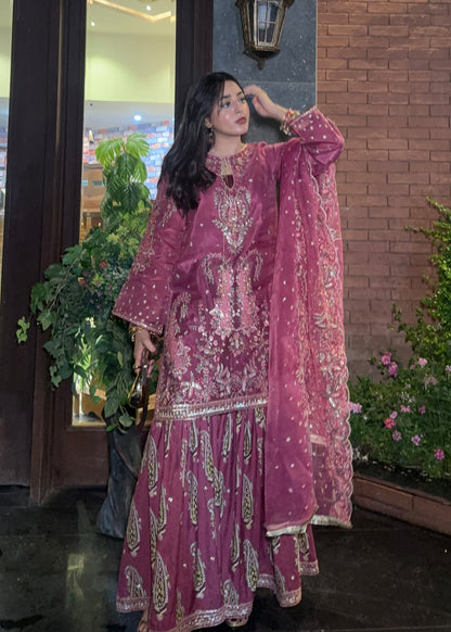 Embroidered Mauve Organza Pakistani Suit Online in KSA Riyadh Saudi Arabia Oman Bahrain Qatar