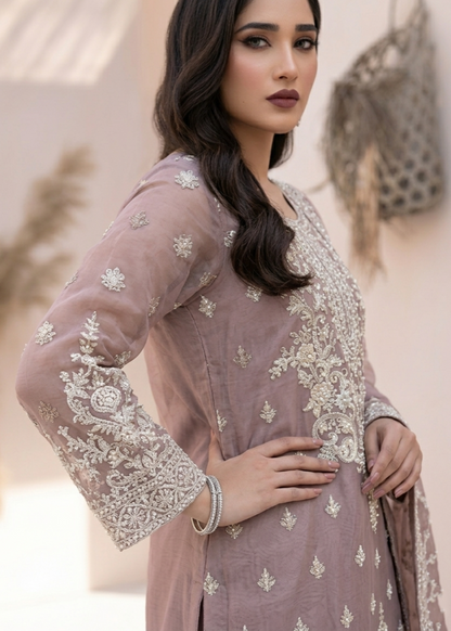 Embroidered Mauve Pink Organza Pakistani Suit Online in KSA Riyadh Saudi Arabia Oman Bahrain Qatar